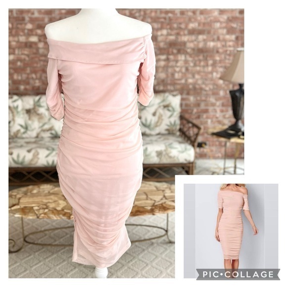 Venus Blush Pink Off Shoulder Ruched Bodycon Dress S - Picture 1 of 17